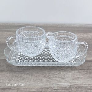 1962 vintage Wexford Crystal tray, sugar & creamer set diamond cut, crimped edge